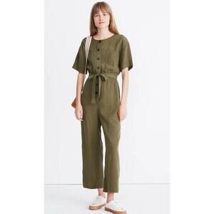 Madewell Kale Green Plaid Short Sleeve Belted Cropped Ankle Jumpsuit‎ Small